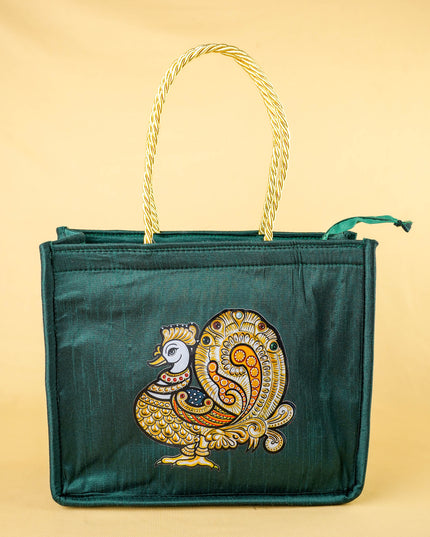 Raw Silk Handbag with Annapakshi Print - WBG2125