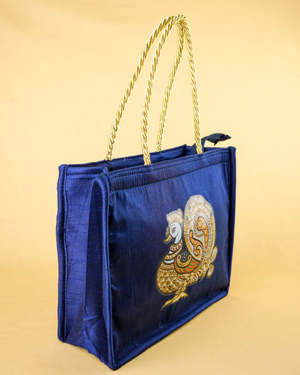 Raw Silk Handbag with Annapakshi Print - WBG2125