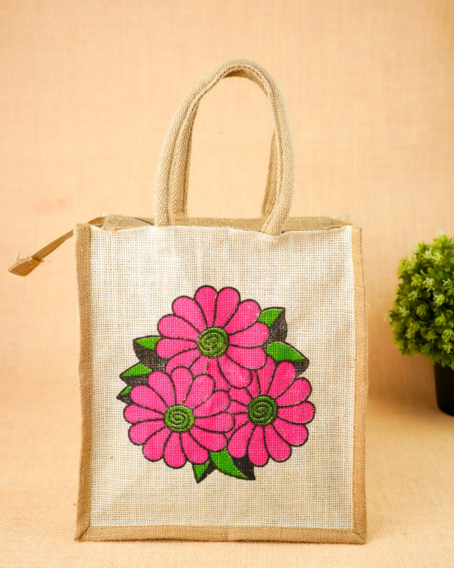 Floral Printed Jute Bag - 11x10 inch - WBG2147-1