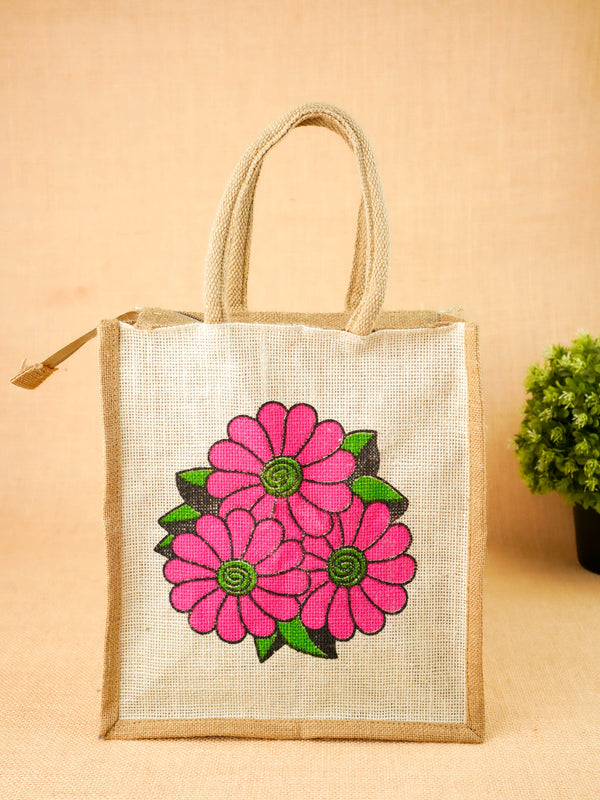 Floral Printed Jute Bag - 11x10 inch - WBG2147-1