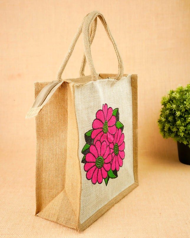 Floral Printed Jute Bag - 11x10 inch - WBG2147-1