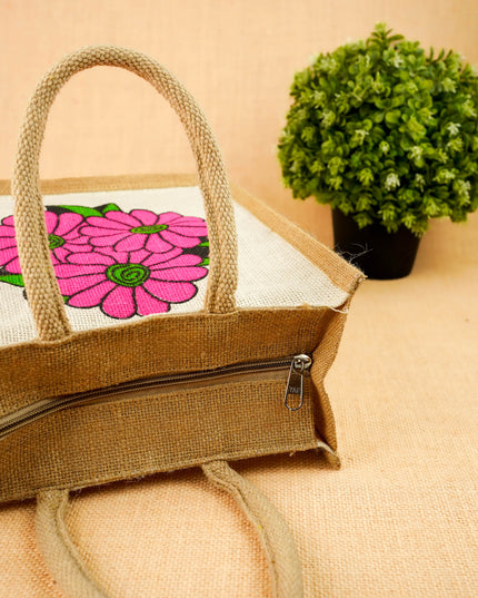 Floral Printed Jute Bag - 11x10 inch - WBG2147-1