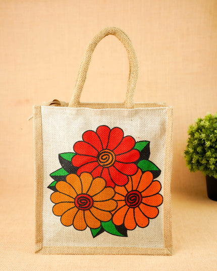 Floral Printed Jute Bag - 11x10 inch - WBG2147-1
