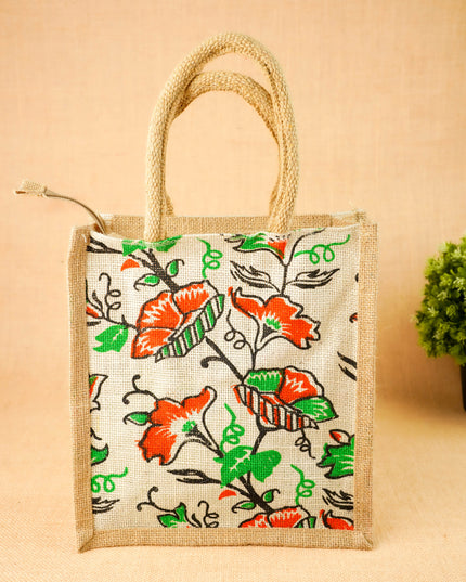 Floral Printed Jute Bag - 11x10 inch - WBG2147-2