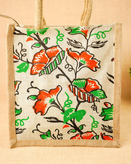 Floral Printed Jute Bag - 11x10 inch - WBG2147-2