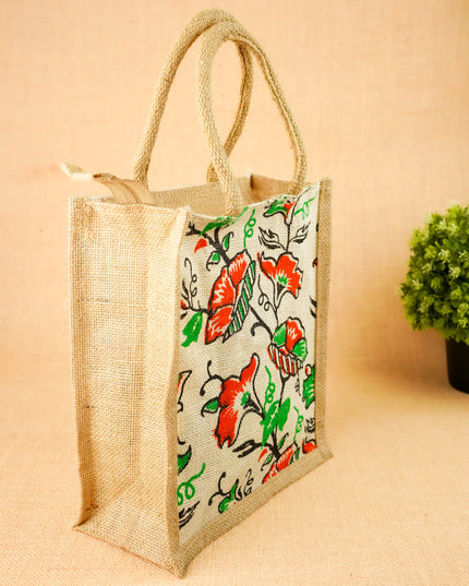 Floral Printed Jute Bag - 11x10 inch - WBG2147-2