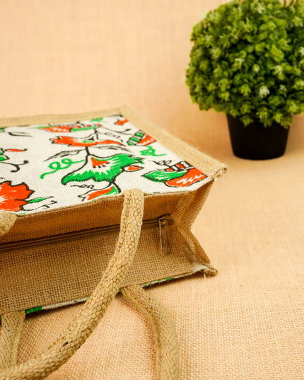Floral Printed Jute Bag - 11x10 inch - WBG2147-2