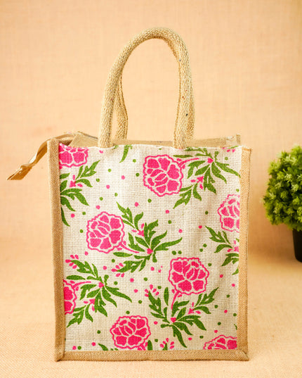 Floral Printed Jute Bag - 11x10 inch - WBG2147-3