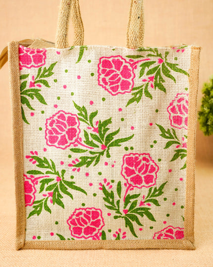 Floral Printed Jute Bag - 11x10 inch - WBG2147-3