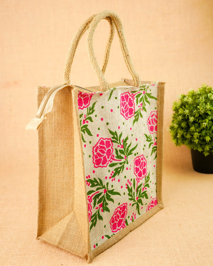 Floral Printed Jute Bag - 11x10 inch - WBG2147-3