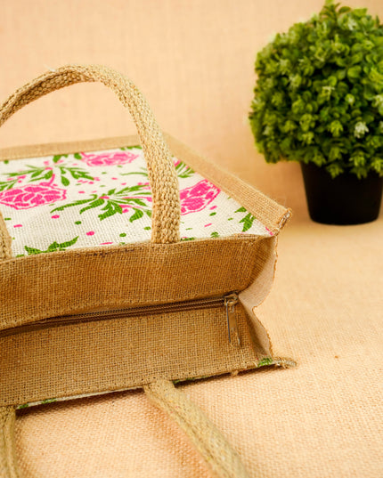 Floral Printed Jute Bag - 11x10 inch - WBG2147-3