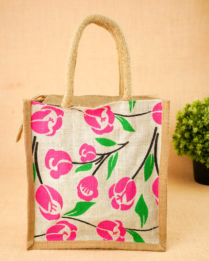 Floral Printed Jute Bag - 11x10 inch - WBG2147-5