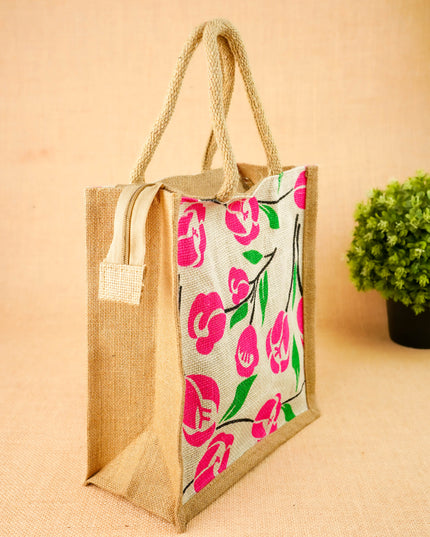 Floral Printed Jute Bag - 11x10 inch - WBG2147-5