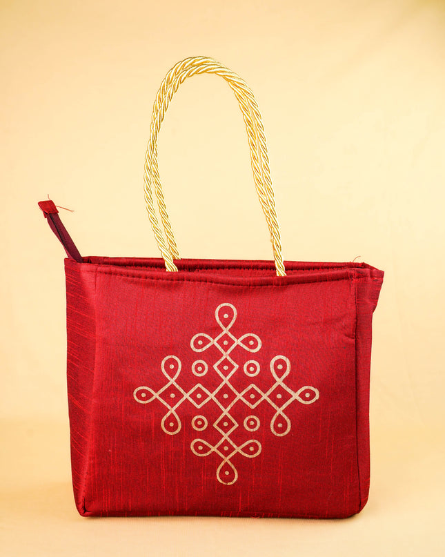 Raw Silk Handbag with Kolam Print - WBG2148