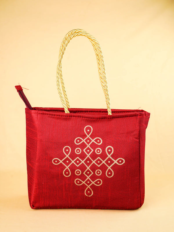 Raw Silk Handbag with Kolam Print - WBG2148