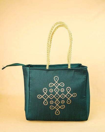 Raw Silk Handbag with Kolam Print - WBG2148