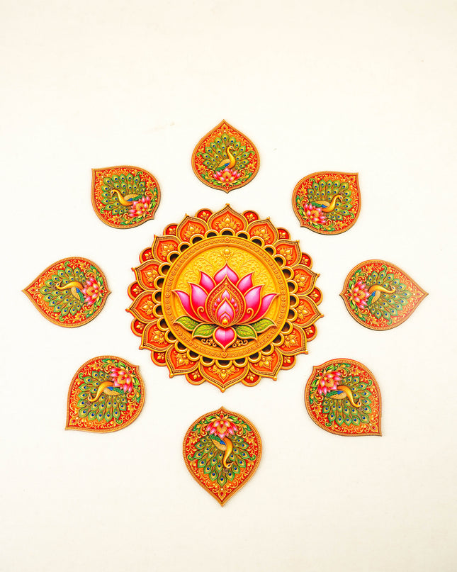 Lotus with Peacock Decorative Rangoli Set - 8 inch - WBG2151