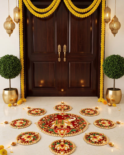 Elephant with Floral Decorative Rangoli Set - 8 inch - WBG2153