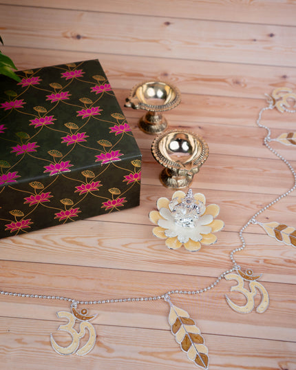 Deepavali: Pichwai Box with German Silver Ganesha Idol, Thoran, Set of 2 Brass Diya - WDC0001