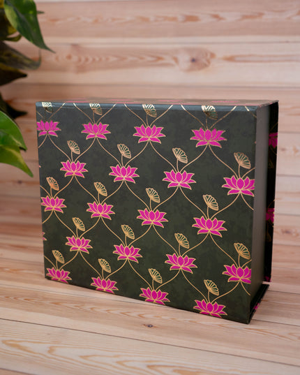 Deepavali: Pichwai Box with German Silver Ganesha Idol, Thoran, Set of 2 Brass Diya - WDC0001