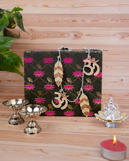 Deepavali: Pichwai Box with German Silver Ganesha Idol, Thoran, Set of 2 Brass Diya - WDC0001