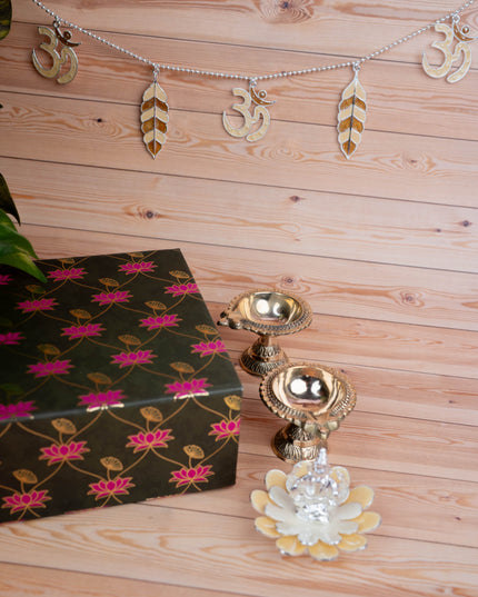 Deepavali: Pichwai Box with German Silver Ganesha Idol, Thoran, Set of 2 Brass Diya - WDC0001