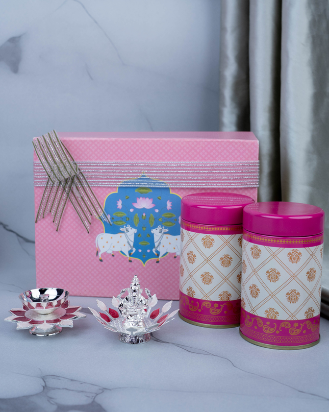 Deepavali: Hamper Box with Set of 2 Tin Jar, German Silver Ganesha on Lotus & Lotus Diya - WDC0006