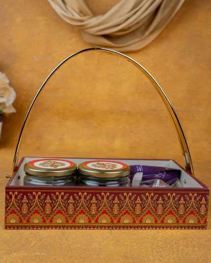 Deepavali: Tray with Set of 2 Glass Jar, 100Gms Cashew, Almond & German Silver Ganesha - WDC0009