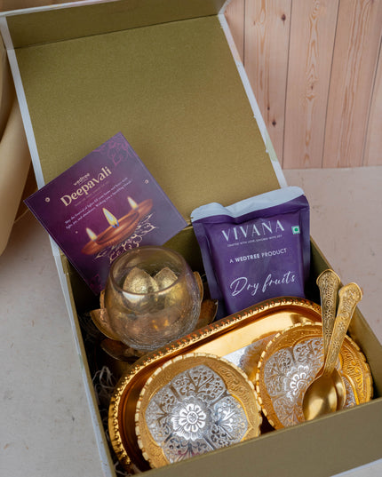 Deepavali: Gift Box with Silver & Gold Plated Bowl and Plate, Candle Holder with Raisins - WDC0010