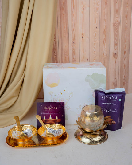 Deepavali: Gift Box with Silver & Gold Plated Bowl and Plate, Candle Holder with Raisins - WDC0010