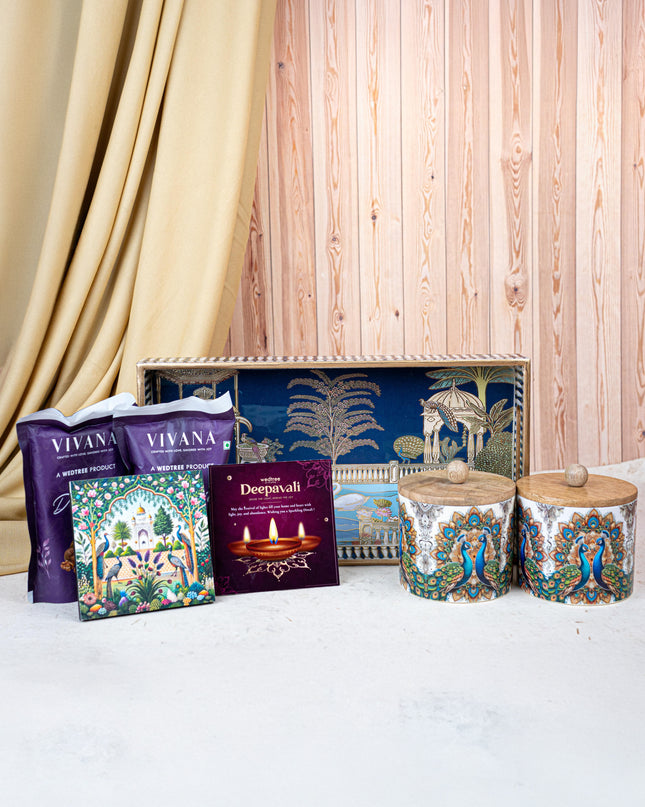 Deepavali: Swan Themed Printed Tray with Dry Fruit Jars, Manai and Dry Fruits - WDC0011