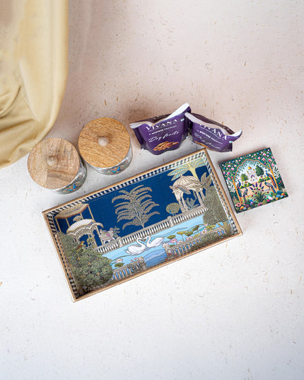 Deepavali: Swan Themed Printed Tray with Dry Fruit Jars, Manai and Dry Fruits - WDC0011