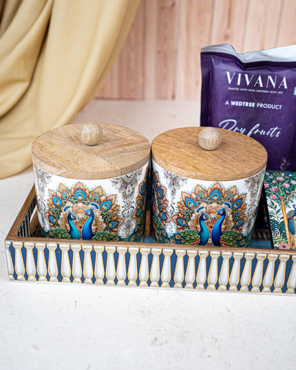 Deepavali: Swan Themed Printed Tray with Dry Fruit Jars, Manai and Dry Fruits - WDC0011