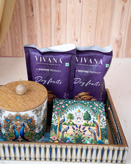 Deepavali: Swan Themed Printed Tray with Dry Fruit Jars, Manai and Dry Fruits - WDC0011