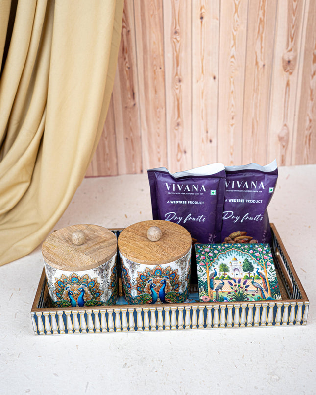 Deepavali: Swan Themed Printed Tray with Dry Fruit Jars, Manai and Dry Fruits - WDC0011