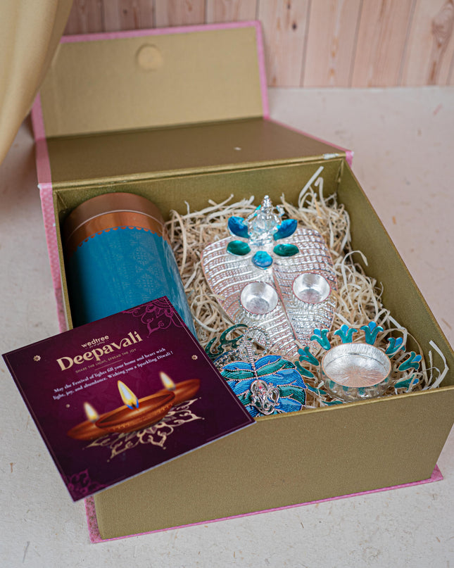Deepavali: Gift Box with Tin Jar, Ganesha Manjal-Kumkum Holder, T-Light Holder & Thoran - WDC0012