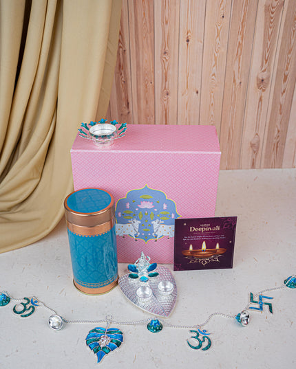 Deepavali: Gift Box with Tin Jar, Ganesha Manjal-Kumkum Holder, T-Light Holder & Thoran - WDC0012