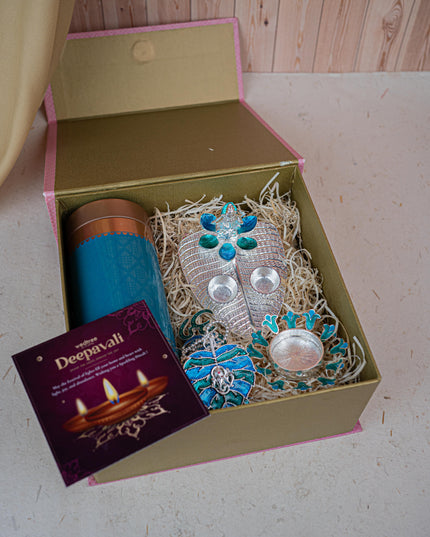 Deepavali: Gift Box with Tin Jar, Ganesha Manjal-Kumkum Holder, T-Light Holder & Thoran - WDC0012