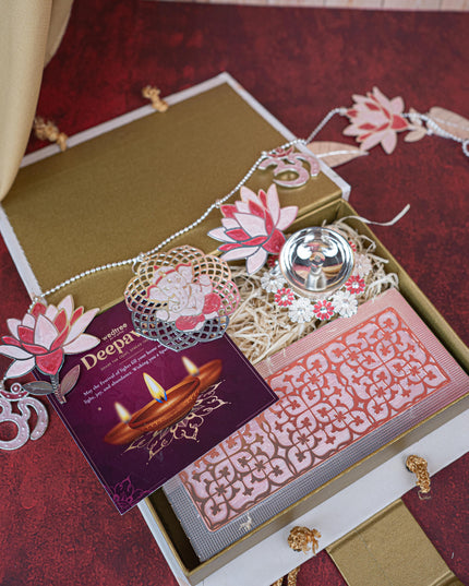 Deepavali: Gift Box with Metal Box, Flower Diya & Lotus Ganesha Thoran - WDC0013