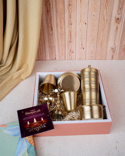 Deepavali: Gift Box with Brass Coffee Dabara Set and Kerala Diya - WDC0014