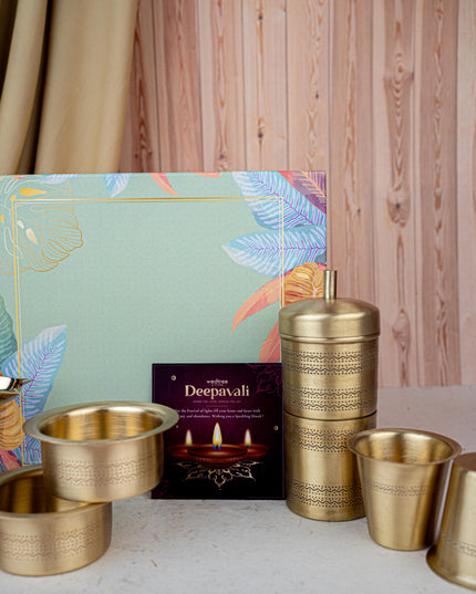 Deepavali: Gift Box with Brass Coffee Dabara Set and Kerala Diya - WDC0014