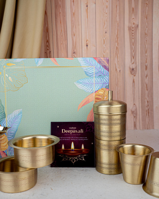 Deepavali: Gift Box with Brass Coffee Dabara Set and Kerala Diya - WDC0014