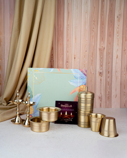 Deepavali: Gift Box with Brass Coffee Dabara Set and Kerala Diya - WDC0014