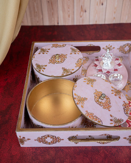 Deepavali: Digital Printed 2 Bowl with Tray, Designer Diya, Ganesha Kumkum Holder & Dry Fruits - WDC0015