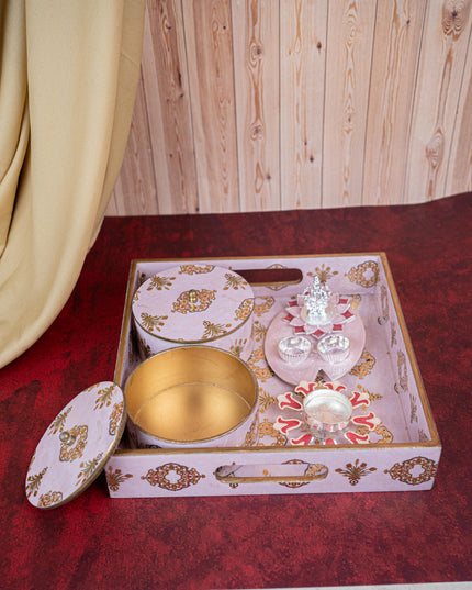 Deepavali: Digital Printed 2 Bowl with Tray, Designer Diya, Ganesha Kumkum Holder & Dry Fruits - WDC0015
