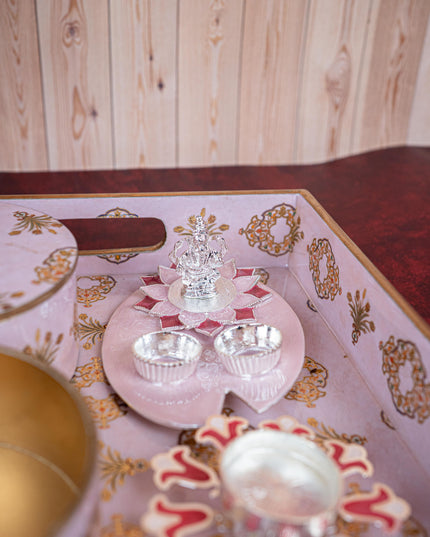 Deepavali: Digital Printed 2 Bowl with Tray, Designer Diya, Ganesha Kumkum Holder & Dry Fruits - WDC0015