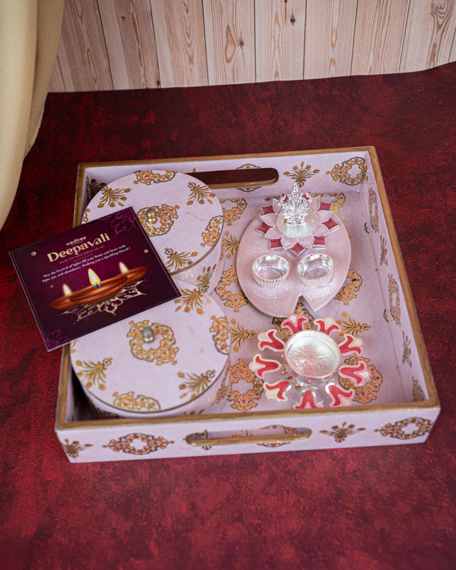 Deepavali: Digital Printed 2 Bowl with Tray, Designer Diya, Ganesha Kumkum Holder & Dry Fruits - WDC0015