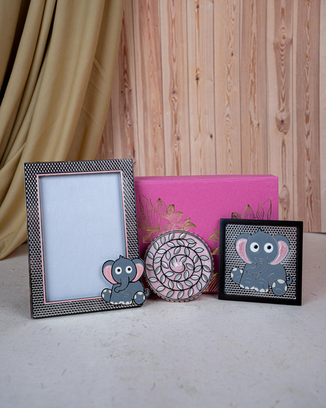 Deepavali: Box with Elephant Design Photo Frame with Coaster & Mug Lid - WDC0016