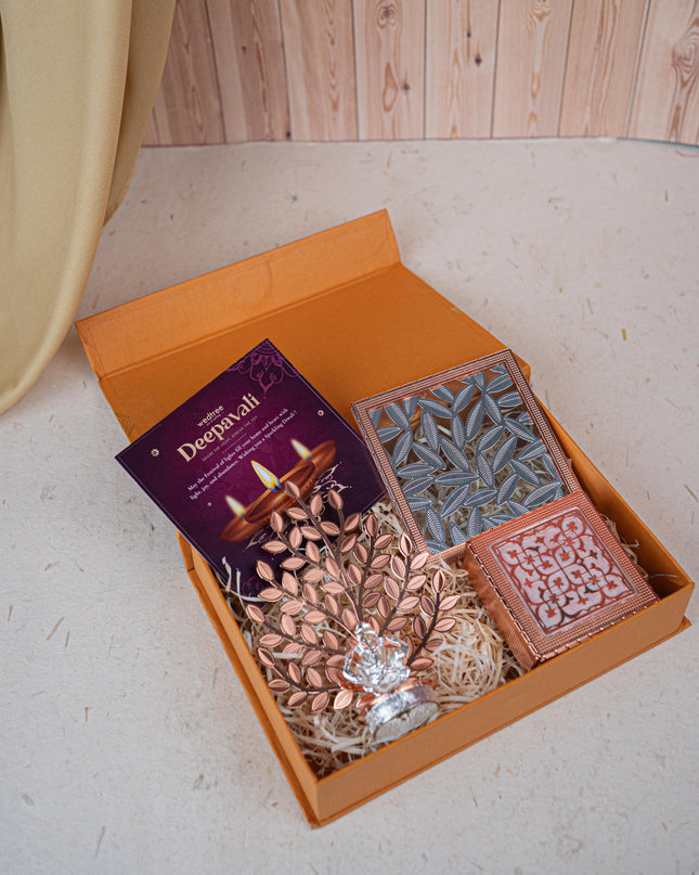 Deepavali: Box with Metal Box, Floral Coaster, Ganesha Idol with Tree - WDC0017