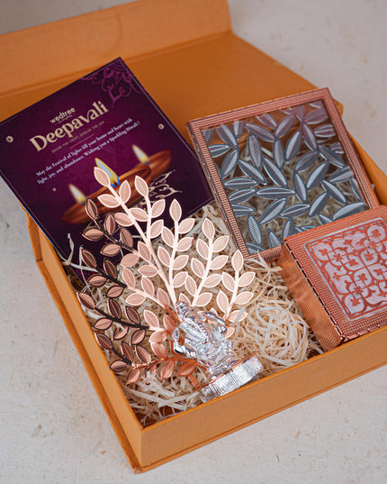 Deepavali: Box with Metal Box, Floral Coaster, Ganesha Idol with Tree - WDC0017